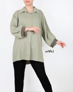 شومیز زنانه میله ای سرآستین خرجکار زیتونی